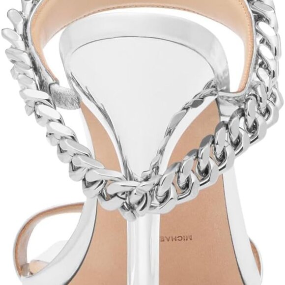 Women's Leather Silver Stiletto Sandals High Heel Chain Detail Elegant - Picture 3 of 3